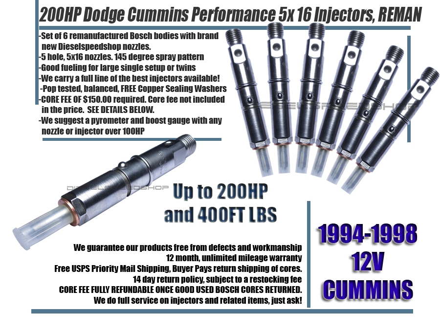 19941998 200HP FITS Dodge Cummins® 12v Turbo Diesel REMAN injectors