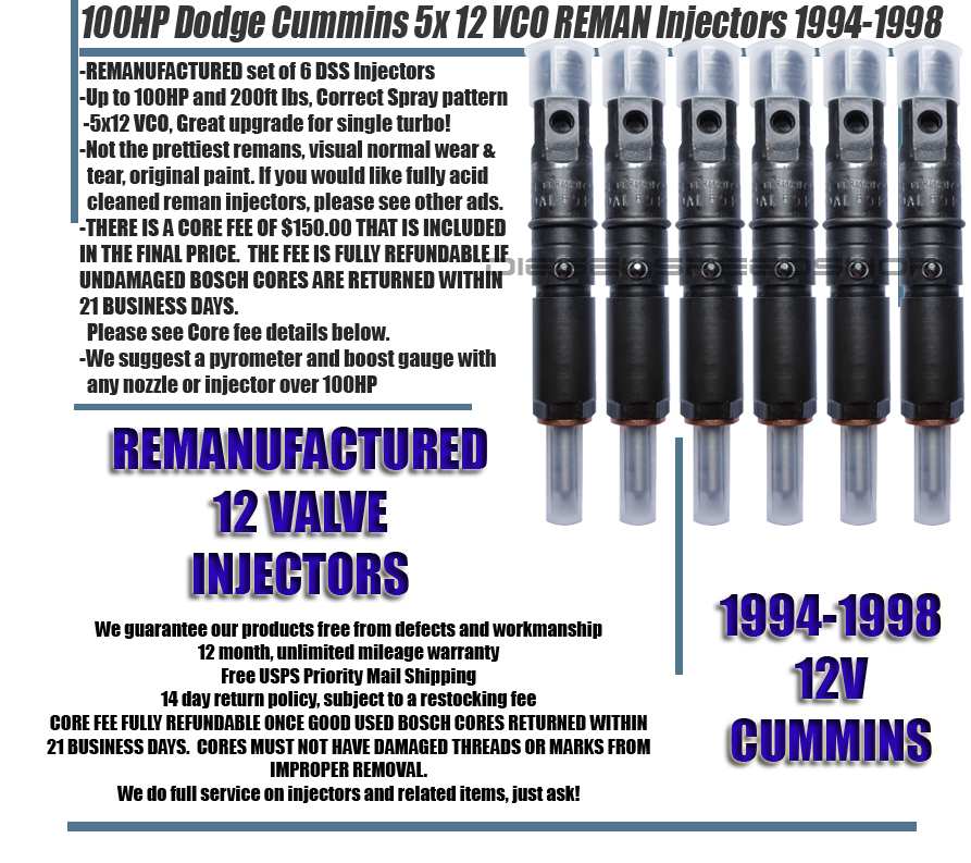 19941998 100HP FITS Dodge Cummins® 12v Turbo Diesel REMAN injectors 5x12 eBay